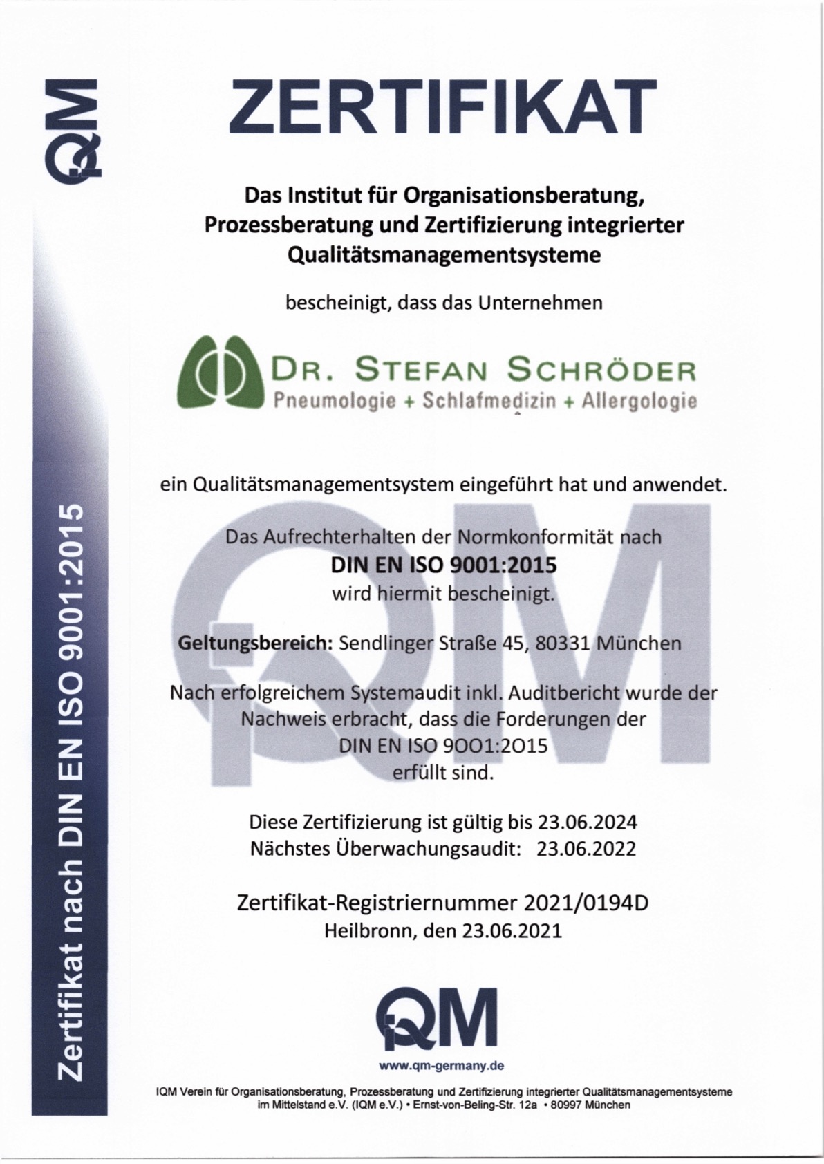 Zertifikat DIN EN ISO 9001:2015 Dr. Stefan Schröder, Heilbronn